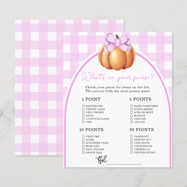 Pumpkin bow baby shower Whats in your purse game (Front/Back)