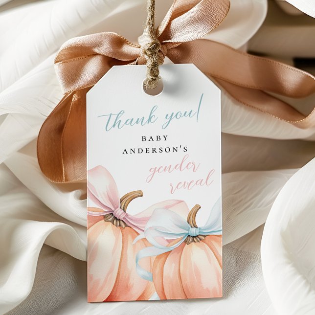Pumpkin Bow Pink Blue Gender Reveal Gift Tags (Creator Uploaded)