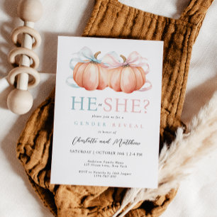 Pumpkin Bow Pink Blue Gender Reveal Invitation