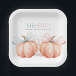 Pumpkin Bow Pink Blue Gender Reveal Paper Plates<br><div class="desc">Celebrate the anticipation of your little one’s gender with our beautifully designed Pumpkin Bow Gender Reveal paper plates.
Perfect for an autumn-themed gender reveal party,  this plate features two charming watercolor pumpkins adorned with delicate pink and blue bows,  symbolizing the classic "He or She" theme.</div>