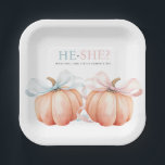 Pumpkin Bow Pink Blue Gender Reveal Paper Plates<br><div class="desc">Celebrate the anticipation of your little one’s gender with our beautifully designed Pumpkin Bow Gender Reveal paper plates.
Perfect for an autumn-themed gender reveal party,  this plate features two charming watercolor pumpkins adorned with delicate pink and blue bows,  symbolizing the classic "He or She" theme.</div>