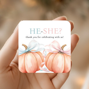 Pumpkin Bow Pink Blue Gender Reveal Square Sticker