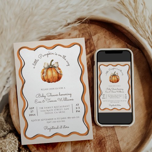 Pumpkin Bow Wave Frame Modern Neutral Baby Shower Invitation