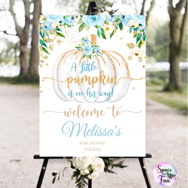 Pumpkin Boy A Little Pumpkin Is On The Way Baby  Foam Board (Pumpkin welcome sign Boy A Little Pumpkin Is On The Way Baby Shower Sign Boy Floral Blue and gold)