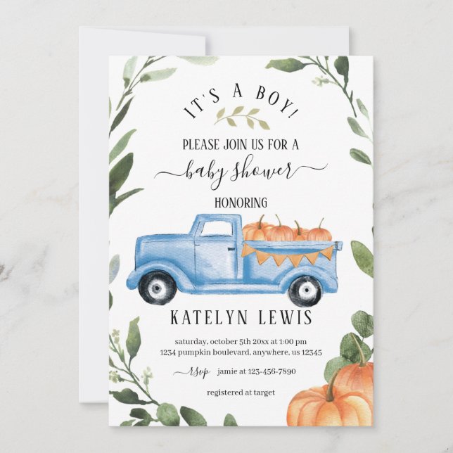 Pumpkin Boy Baby Shower Invitation with truck (Front)