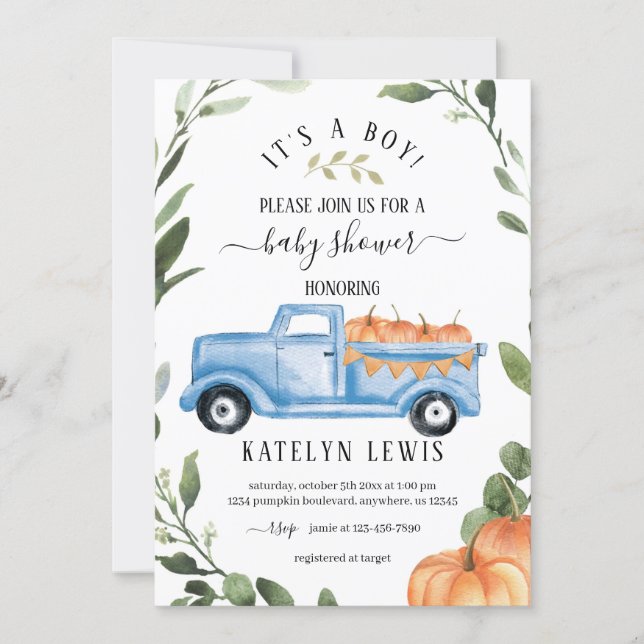 Pumpkin Boy Baby Shower Invitation with truck (Front)