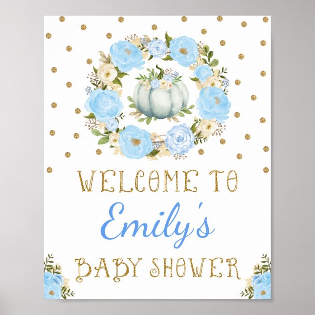 Pumpkin Boy Baby Shower Welcome Sign Blue Floral (Front)