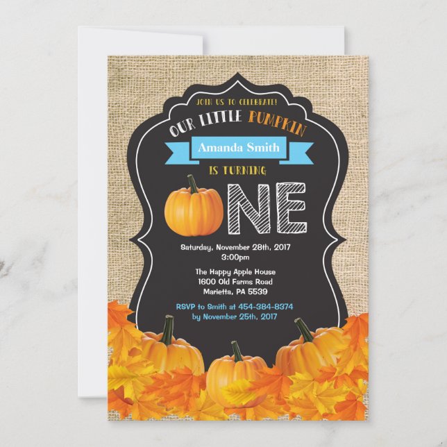 Pumpkin Boy First Birthday Invitation Blue Burlap (Front)