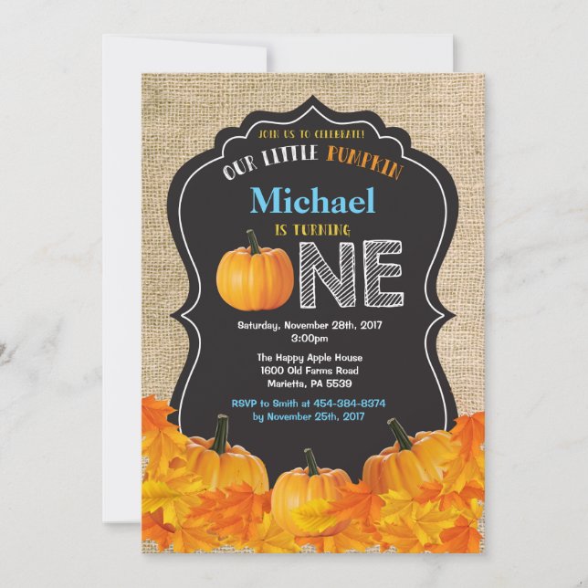 Pumpkin Boy First Birthday Invitation Blue Burlap (Front)