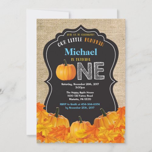 Pumpkin Boy First Birthday Invitation Blue Burlap