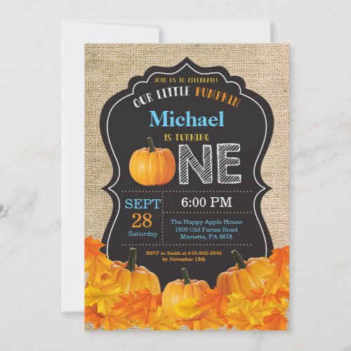 Pumpkin Boy First Birthday Invitation Blue Burlap