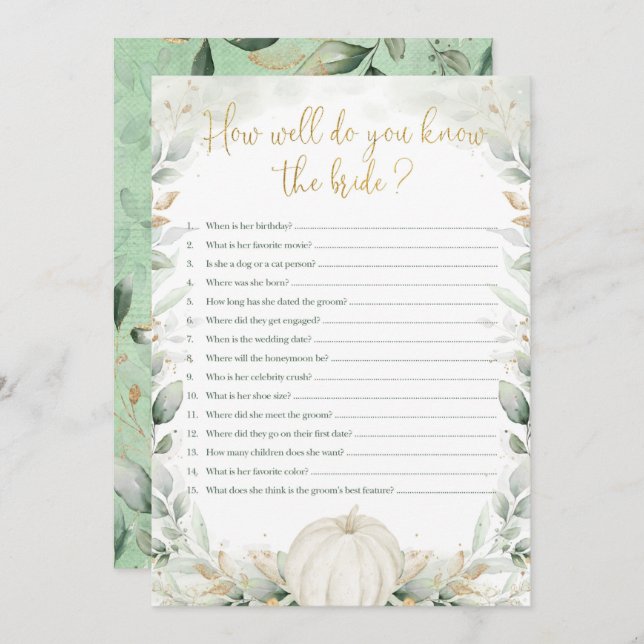 Pumpkin Bridal Shower Game How Well You Know Bride (Front/Back)