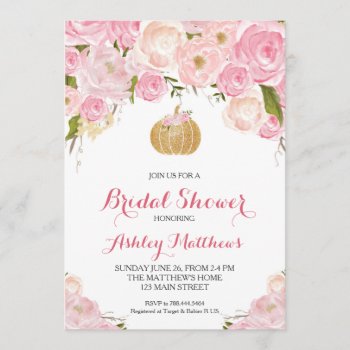 Pumpkin Bridal Shower Pink & Gold Glitter Invitation by MakinMemoriesonPaper at Zazzle