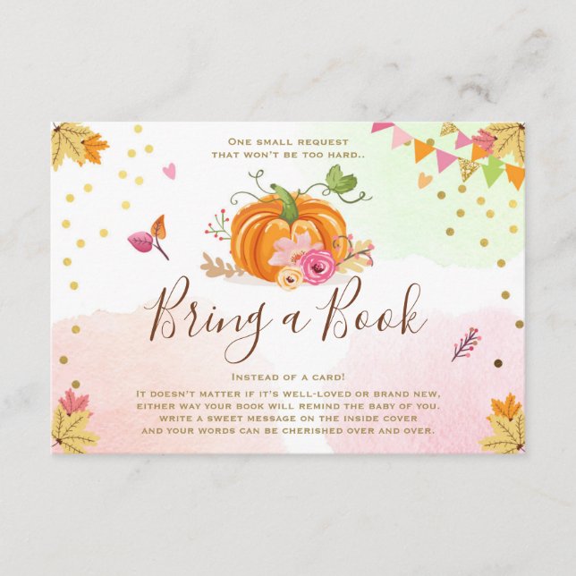 Pumpkin Bring a book Fall Autumn Baby Shower Pink Enclosure Card (Front)
