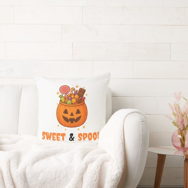 Pumpkin Bucket Full of Sweet - Halloween  Throw Pillow (Couch)