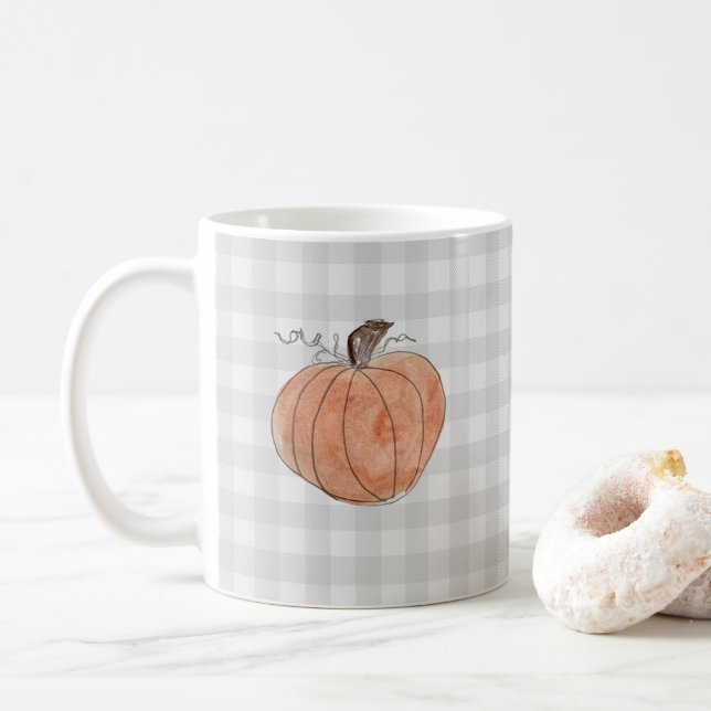 Pumpkin Buffalo Check Pattern Farmhouse Coffee Mug (With Donut)