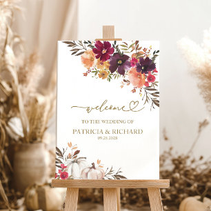 Pumpkin Burgundy Floral Fall Wedding Welcome Foam Board