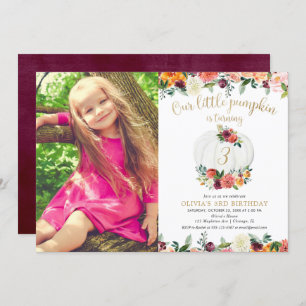 Pumpkin burgundy gold floral any age photo invitation