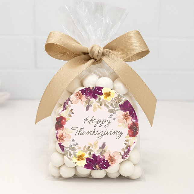 Pumpkin Burgundy Pink Floral Happy Thanksgiving Classic Round Sticker (Burgundy watercolor floral Thanksgiving sticker)