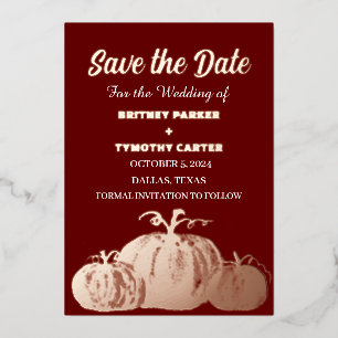 Pumpkin Burgundy Rose Gold Photo QR Code Wedding Foil Invitation