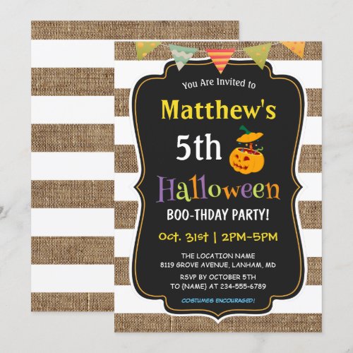 Pumpkin Burlap Halloween Kids Birthday Party Card