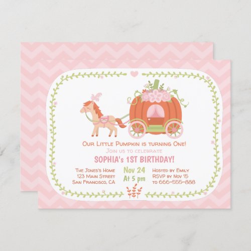 Pumpkin Carriage First Birthday Party Invitations