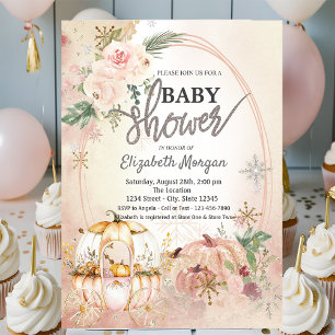 Pumpkin Carriage Flowers Snowflakes Baby Shower Invitation