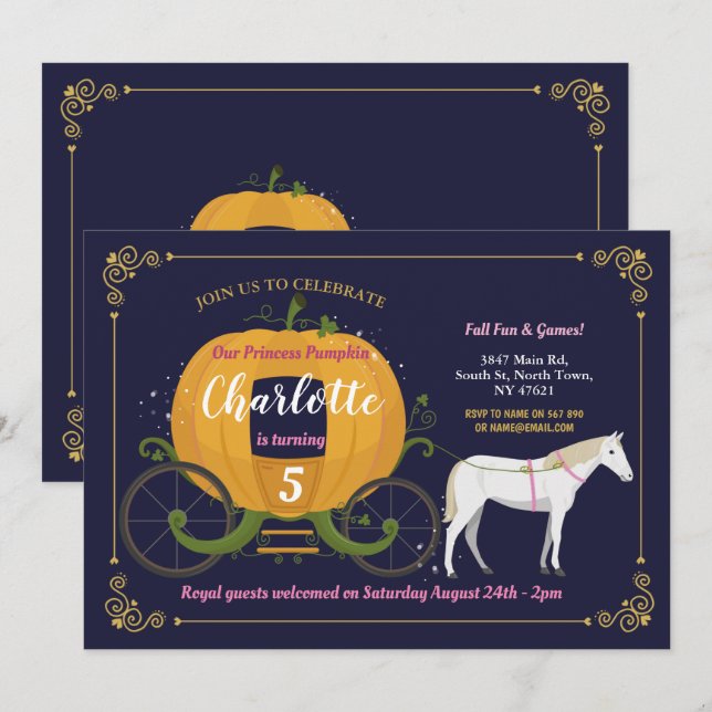 Pumpkin Carriage Horse Fall Girls Birthday Party Invitation (Front/Back)