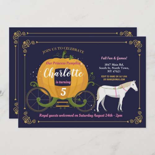 Pumpkin Carriage Horse Fall Girls Birthday Party Invitation