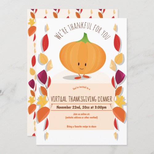 Pumpkin Cartoon Autumn Leaves Virtual Thanksgiving Invitation