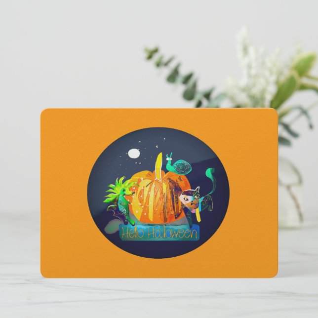 Pumpkin Cartoon – Halloween Animals & Moon   Holiday Card (Standing Front)