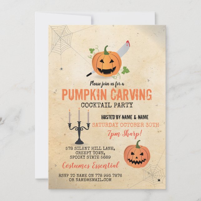 Pumpkin Carving Halloween Party Cocktail Webs Invitation (Front)
