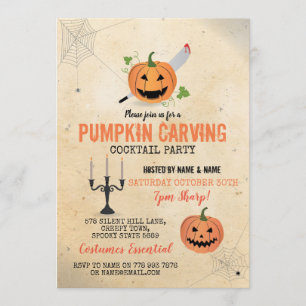 Pumpkin Carving Halloween Party Cocktail Webs Invitation
