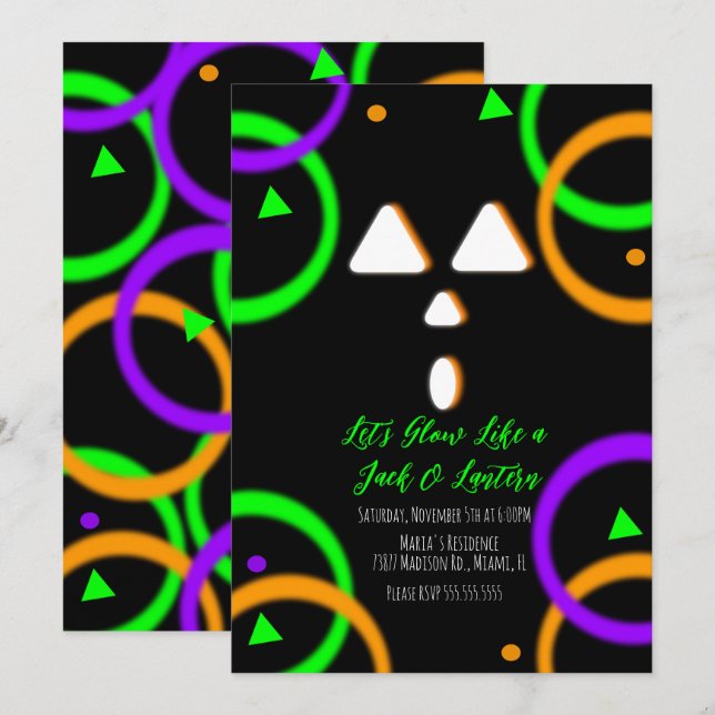 Pumpkin Carving Neon Glow Party Halloween Invitati Invitation (Front/Back)