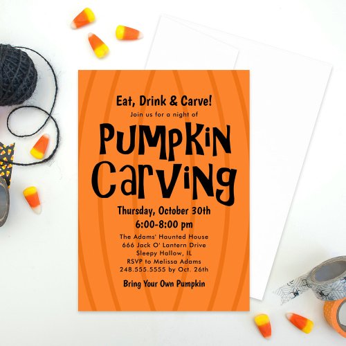 Pumpkin Carving Orange and Black Halloween Party Invitation