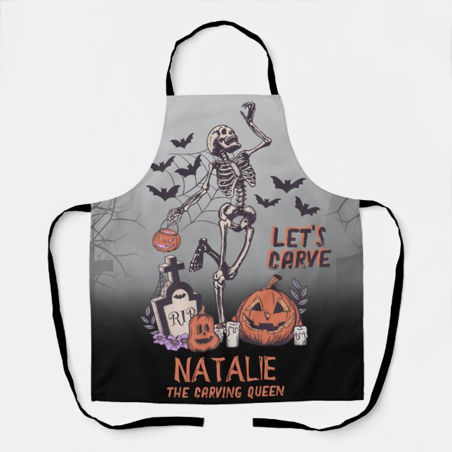 Pumpkin Carving Party Custom Halloween Skeleton  Apron (Front)