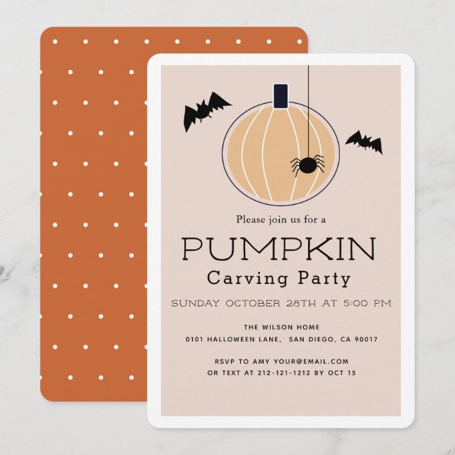 Pumpkin Carving Party Modern Beige Halloween Invitation (Front/Back)