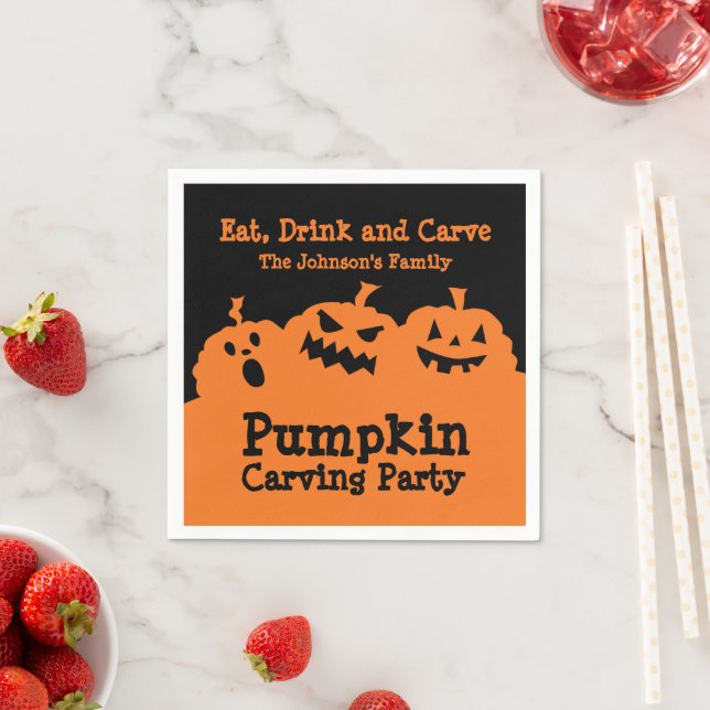 Pumpkin carving party orange black custom name napkins (Insitu)