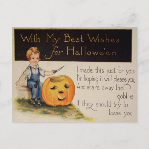 Pumpkin Carving Vintage Halloween Card Postcard