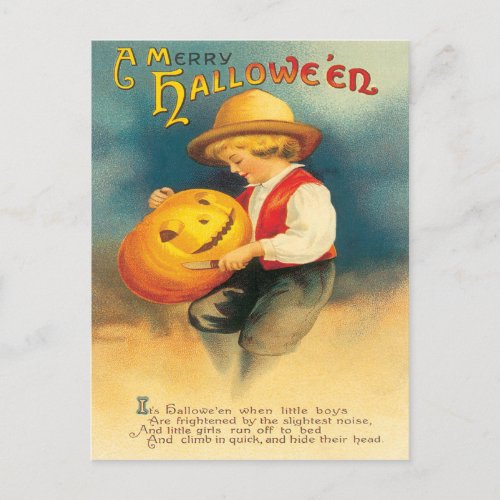 Pumpkin Carving Vintage Postcard