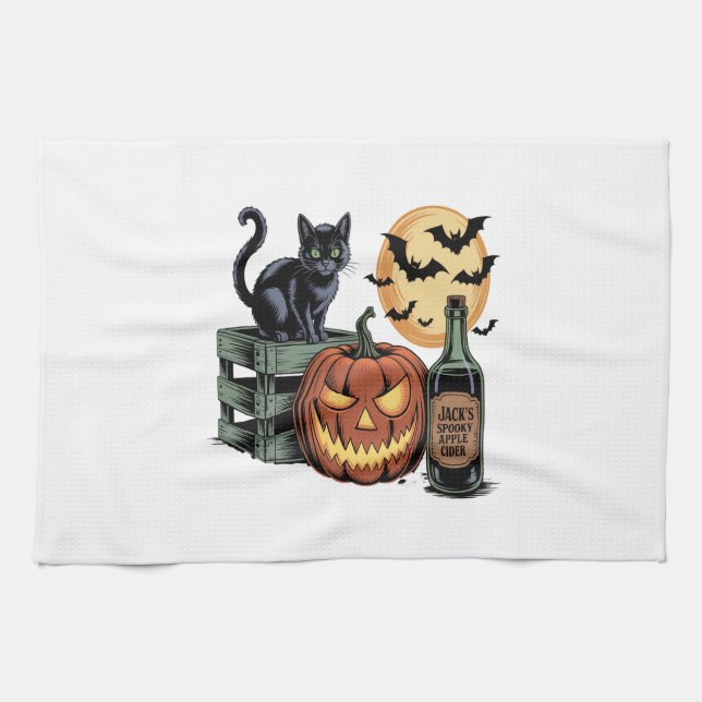 Pumpkin Cat Beer Halloween Kitchen Towel (Horizontal)