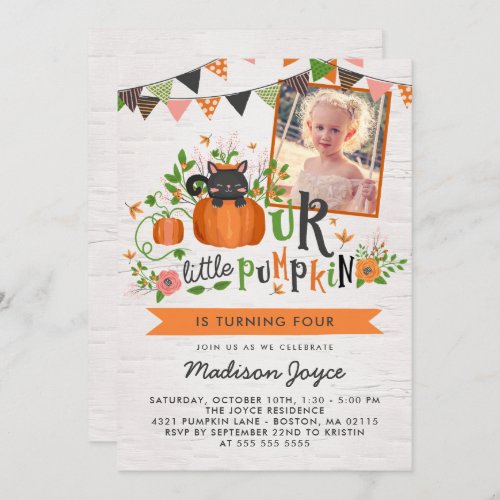 Pumpkin Cat _ October Kids Birthday Party Photo Invitation