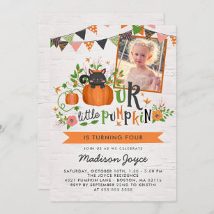 Pumpkin Cat - October Kids Birthday Party Photo Invitation
