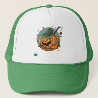 Pumpkin Catches Spider for Halloween Trucker Hat