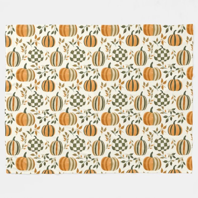 Pumpkin Checkered Fall Striped Orange Green Fleece Blanket (Front (Horizontal))