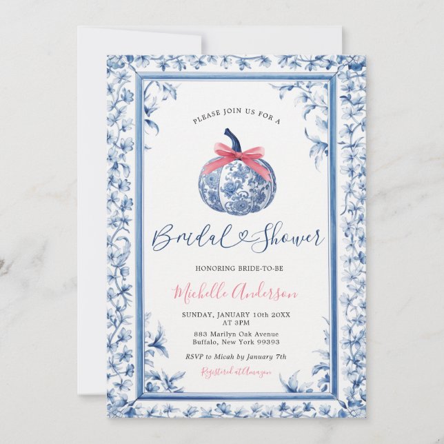 Pumpkin Chinoiserie Blue Floral Fall Bridal Shower Invitation (Front)