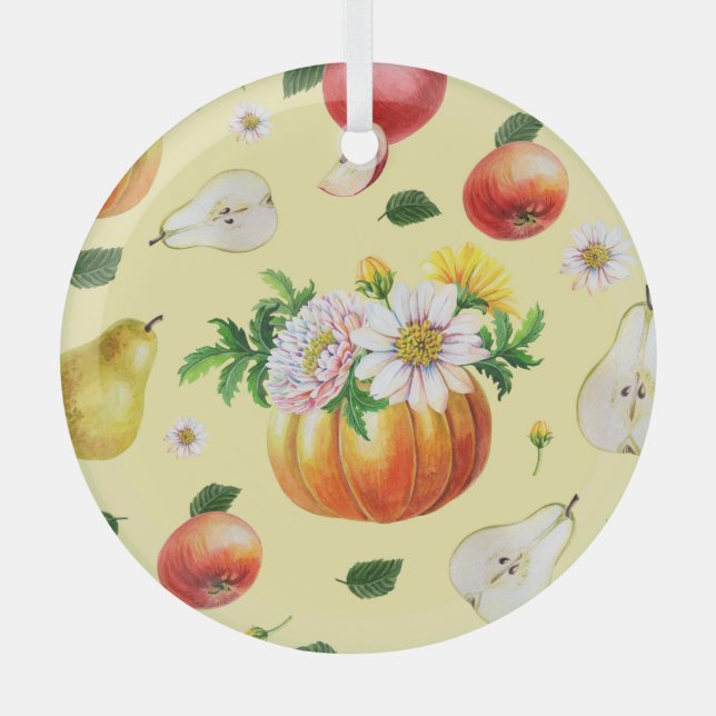 Pumpkin, chrysanthemum: autumn fruit illustration. glass ornament (Front)