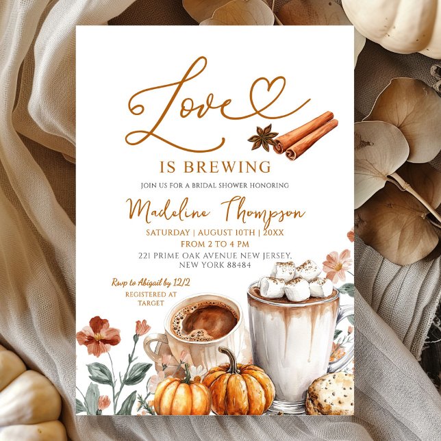 Pumpkin Coffee Theme Love is Brewing Bridal Shower Invitation (Creator Uploaded)