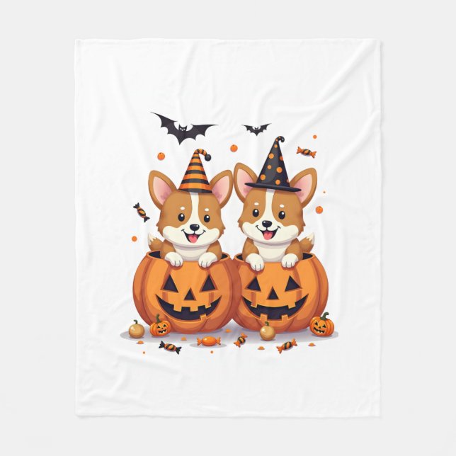 Pumpkin Corgi Party Fleece Blanket (Front)