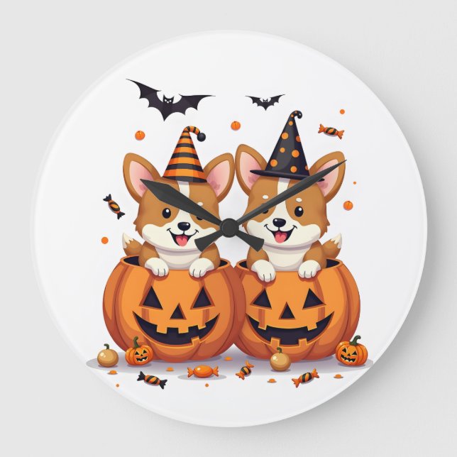 Pumpkin Corgi Party Large Clock (Front)